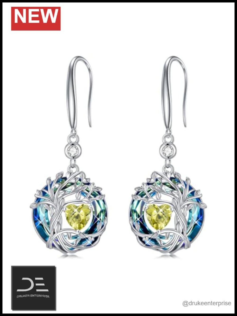 Tree of Life Birthstone Earrings 925 Sterling Silver Crystal Dangle Drop for
